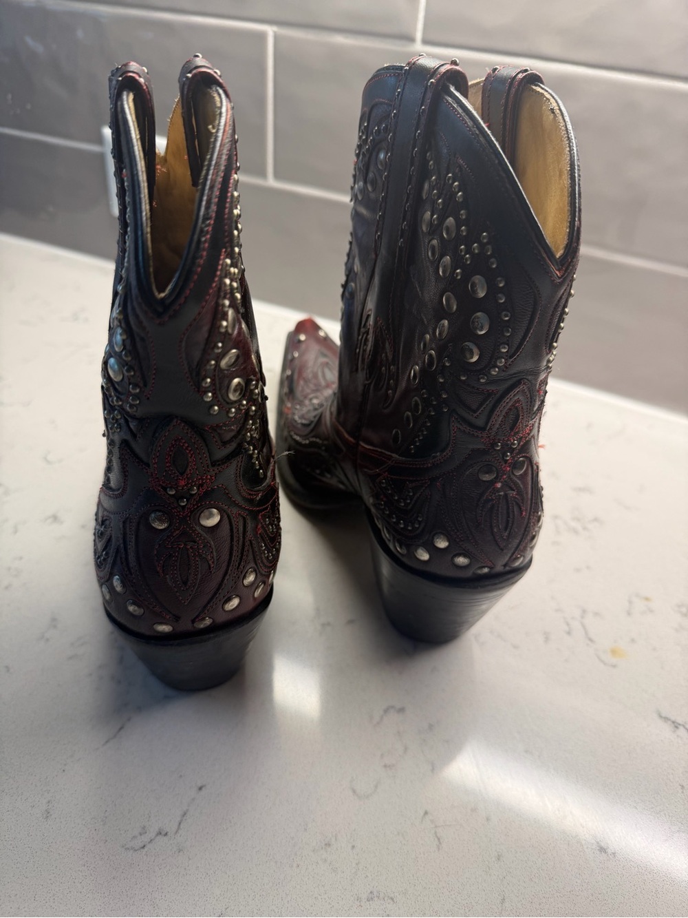 Vintage Studded Oxblood Leather Western Cowboy Boots Women’s Size 8M Snip Toe Ma - Picture 3 of 10